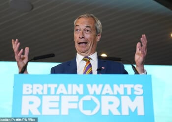 Reform leader Nigel Farage speaks to supporters at Chelmsford City Racecourse, Essex, following the 2026 local election results on Friday, May 8