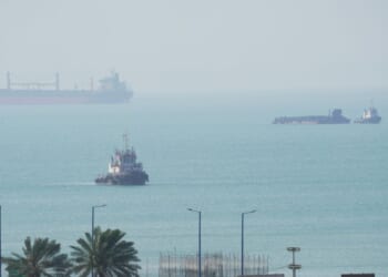 Boats navigate the sea on April 28, 2026, on Qeshm Island, Iran, in the Strait of Hormuz.