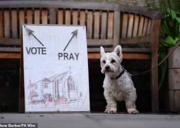 Rory the dog waits next to a sign put outside the polling station at St James Church Hall in Inverleith, Edinburgh