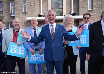 Reform UK leader Nigel Farage during a visit to Havering Town Hall in East London this morning