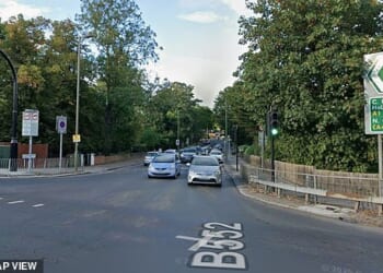 A black saloon car mounted the pavement close to this junction and drove towards a group of Jewish teenagers as they left school in Hendon, north London