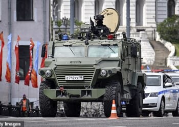 A Russian Federal Guard Service (FSO) armoured vehicle patrols central Moscow on May 5, 2026, few days ahead of the Victory Day military parade