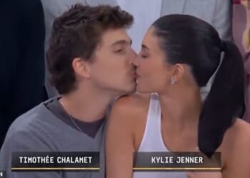 Kylie Jenner, 28, shared a sweet kiss with boyfriend Timothee Chalamet, 30, as she joined him to cheer on his beloved New York Knicks during their showdown against the Philadelphia 76ers