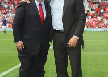 Eamonn Holmes poses with former footballer Peter Schmeichel ahead of the Ole Gunnar Solskjaer Testimonial match between Manchester United and RCD Espanyol at Old Trafford in 2008