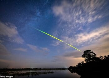 The Eta Aqauriid meteor shower will reach its dazzling peak in the next few days, bringing up to 40 shooting stars per hour. Pictured: A rare green fireball during the Eta Aquariid meteor shower seen in Florida, USA