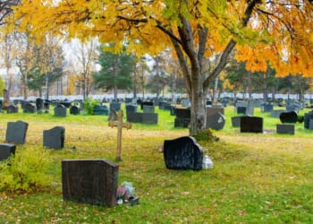 A cemetery sits in the daylight.