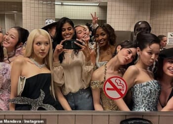 The image features Bhavitha Mandava (fourth left) Margot Robbie (centre) Ayo Edebiri (fourth right) Awar Odhiang (top right) Blackpink's Jisoo (second left) Blackpink's Jennie (second right) Blackpink's Rosé (third left) Blackpink's Lisa (far left)