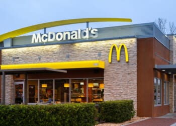 A nighttime closeup view of a McDonald's restaurant in Kissimmee, Florida, on Feb. 6, 2022.
