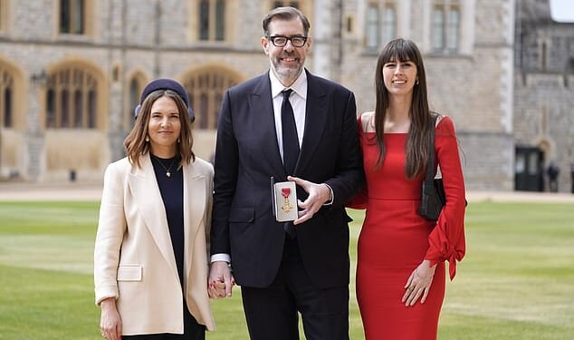 Richard Osman was made an OBE by the Princess Royal for services to literature and broadcasting at Windsor Castle on Tuesday and was supported by his wife Ingrid Oliver (L) and daughter Ruby (R)