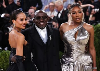 Doubt has been cast over Serena Williams and the Duchess of Sussex's friendship in recent weeks, and now speculation amongst fans has reached fever pitch after the tennis star appeared at the Met Gala with Emma Thynn and Edward Enninful (pictured)