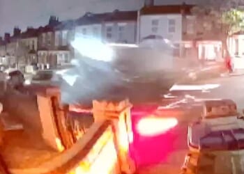 Ring doorbell footage captured the moment a driver fleeing from police smashed into a row of parked cars on a residential street