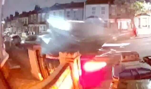 Ring doorbell footage captured the moment a driver fleeing from police smashed into a row of parked cars on a residential street