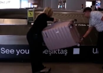 Footage captured the moment a young British couple were intercepted by Turkish customs officers after allegedly trying to fly with nearly 20 kilograms of cannabis hidden inside their luggage