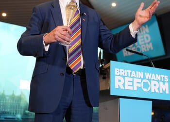 Reform leader Nigel Farage speaks to supporters at Chelmsford City Racecourse, Essex, following the 2026 local election results