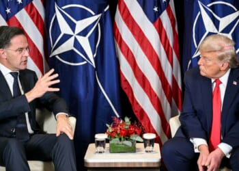 President Donald Trump speaks with NATO Secretary-General Mark Rutte during a bilateral meeting on the sidelines of the World Economic Forum annual meeting in Davos on Jan. 21, 2026.