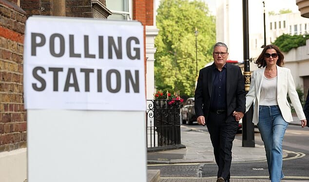 Keir Starmer voted alongside wife Victoria at Westminster Chapel in central London this morning as he faces a moment of maximum peril