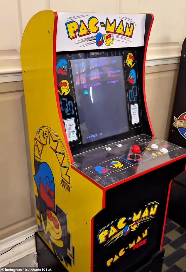 The room features 'retro' games such as Pac Man (pictured), Mortal Kombat and Street Fighter