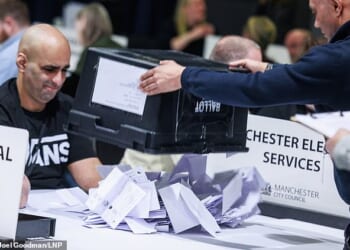 Ballot boxes are emptied at the count for Manchester City Council on Friday, May 8, 2026