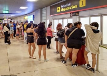 Pictured: queues at Madrid's International Airport. Spain, France and Croatia could follow Portugal and Italy's move as the EU's new Entry/Exit System (EES) 'collapses like a house of cards'