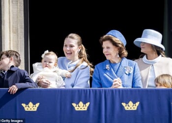 Princess Sofia of Sweden joined members of the family for the celebrations - but hid much of her face with a wide-brimmed hat (pictured from L to R: Sweden's Prince Oscar, Princess Ines, Princess Estelle, Queen Silvia, Princes Sofia and Prince Gabriel during the 80th Birthday celebrations of King Carl XVI Gustaf)