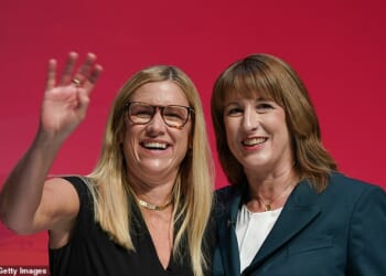 Rachel Reeves, Chancellor of the Exchequer, reacts with her sister Ellie Reeves, Minister without Portfolio and Chair of the Labour Party, after delivering her key note speech on day two of the Labour Party conference at ACC Liverpool on September 29, 2025