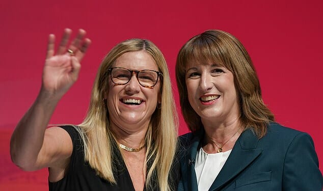Rachel Reeves, Chancellor of the Exchequer, reacts with her sister Ellie Reeves, Minister without Portfolio and Chair of the Labour Party, after delivering her key note speech on day two of the Labour Party conference at ACC Liverpool on September 29, 2025