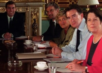 Pictured: Andrew Mountbatten-Windsor (left) and Peter Mandelson (second from right) at the Palace