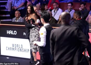 A protester briefly halted the World Snooker Championship final by shouting about the TV licence