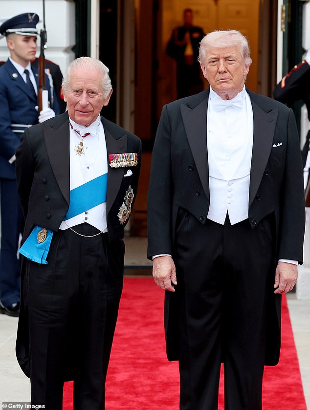 The jokes at the royals came after King Charles departed the US following his three-day tour, which included visits to Washington DC with President Trump (pictured), as well as New York City and Virginia