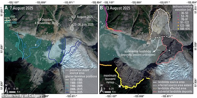Given the size of the tsunami, the researchers estimate that the amount of rock that crashed into the water was equivalent to 24 Great Pyramids of Giza