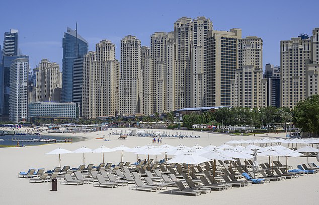Marina Beach in Dubai, with mainly empty hotels and few visitors