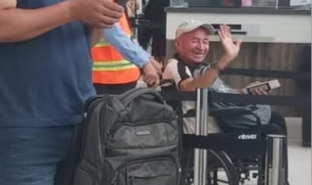 Marcos Humberto Vindel Osorio, 75, pictured in the wheel chair, allegedly wandered away from Houston¿s airport alone after landing on a Spirit Airlines flight