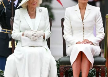 First Lady Melania Trump and Queen Camilla attend an arrival ceremony on the South Lawn of the White House in Washington, DC, on April 28, 2026