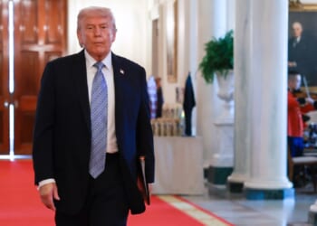 President Donald Trump, heading into a meeting in the East Room of the White House on Monday.