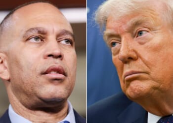 President Donald Trump said in a social media post that House Minority Leader Hakeem Jeffries, left, should be charged with inciting violence.