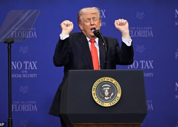 Donald Trump joked during a recent speaking event, pictured above, that his wife did not like his dance moves to the YMCA song