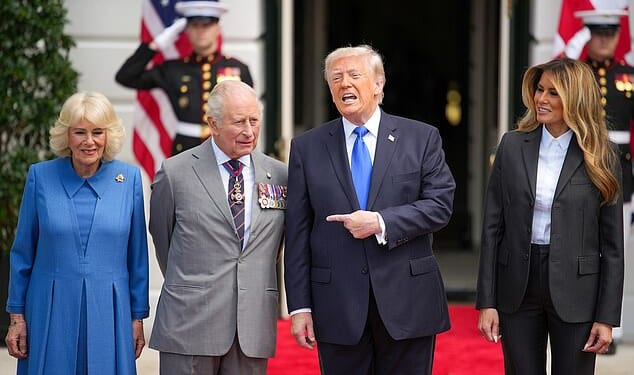 Queen Camilla, King Charles III, US President Donald Trump and first lady Melania Trump during a farewell ceremony at the White House on the final day of the state visit on April 30