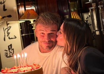 Victoria Beckham planted a kiss on husband David's cheek as he kicked off his 51st birthday celebrations with a lavish meal at The Dorchester in London on Friday