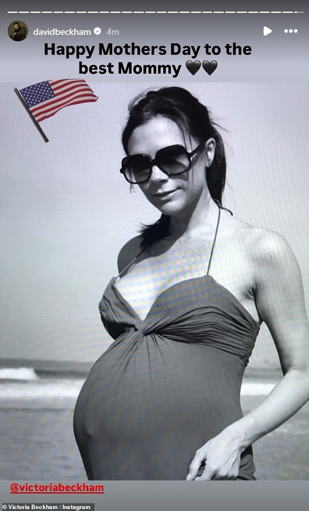 On Sunday, the US and Australia marked Mother's Day, during which David shared a post branding his wife 'the best mum' before Victoria took to Instagram to share a sweet image of the gifts her husband had bestowed upon her (pictured in July 2011 while pregnant with Harper)