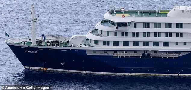 SAINT HELENA ISLAND - APRIL 24: A view of the Dutch-flagged vessel MV Hondius is seen navigating the Atlantic Ocean near Saint Helena Island on April 24, 2026. World Health Organization (WHO) Director-General Tedros Adhanom Ghebreyesus reported that seven cases of hantavirus, three of which were fatal, were detected on the MV Hondius, which was traveling from Argentina in the South Atlantic to Cabo Verde off the west coast of Africa. (Photo by Emin Yogurtcuoglu/Anadolu via Getty Images)