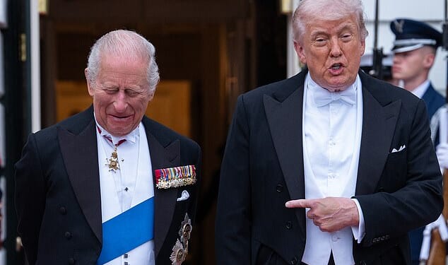 President Donald Trump and  King Charles III share a joke before a State Dinner in the East Room of the White House