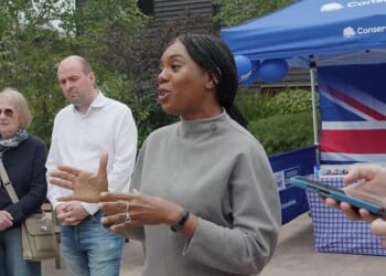 Kemi Badenoch was confronted by a heckler while out canvassing in Essex yesterday