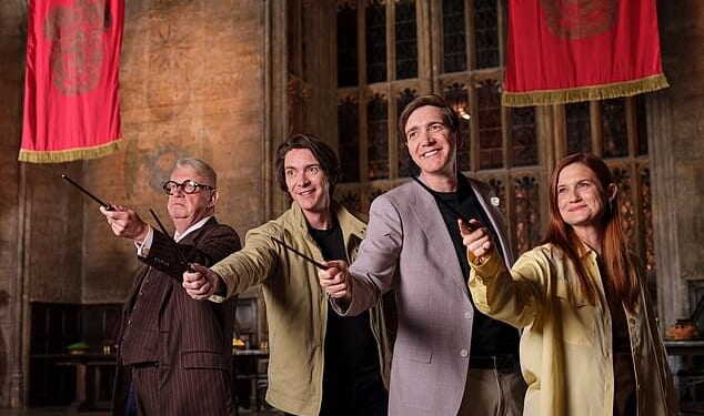 Harry Potter's Weasley family were seen reuniting at the Warner Bros. Studio Tour in London this week - as the franchise celebrated 25 years since the release of Harry Potter and the Philosopher's Stone, (pictured L-R Mark Williams, James and Oliver Phelps, and Bonnie Wright)