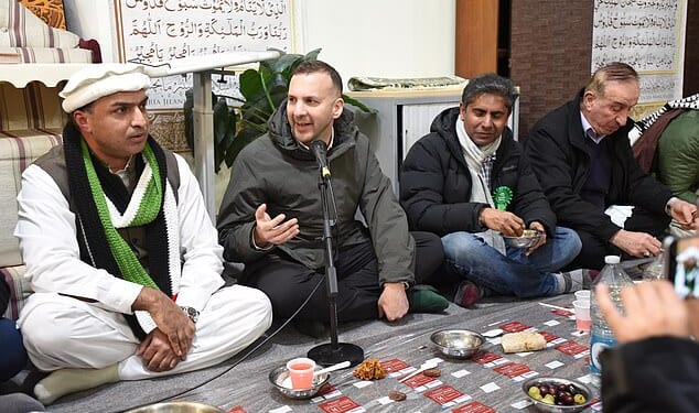 Green Party leader Zack Polanski visiting a mosque during the Manchester by-election campaign
